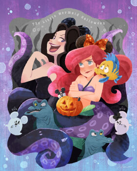 Rule 34 | 3girls, 4boys, air bubble, animal ears, ariel (disney), bag, bare shoulders, bikini, black bow, black hair, blue eyes, border, bow, bubble, colored sclera, commentary request, crossed arms, disney, eel, english text, fake animal ears, fins, fish, flotsam (disney), flounder (the little mermaid), flying sweatdrops, ghost, green eyes, green tail, halloween, hand on own chest, heterochromia, highres, jack-o'-lantern, jetsam (disney), long hair, looking at another, merfolk, mermaid, mickey mouse, minnie mouse, minnie mouse ears, monster girl, mouse ears, multiple boys, multiple girls, naco oekaki, open mouth, polka dot, polka dot bow, pout, purple background, purple border, purple eyes, red bow, red hair, scared, scylla, shell, shell bikini, shoulder strap, smile, suction tentacles, surprised, swimsuit, teeth, tentacles, the little mermaid (disney), upper teeth only, ursula (disney), vanessa (disney), yellow sclera