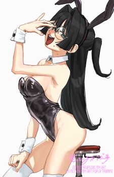 1girl animal_ear_hairband animal_ears black_eyes black_leotard blood breasts detached_collar fake_animal_ears glasses hairband highres leotard medium_breasts nosebleed open_mouth original playboy_bunny rabbit_ears simple_background smile solo stool strapless strapless_leotard teeth thighhighs two_side_up upper_teeth_only waratteiru_kara_da white_background white_thighhighs wrist_cuffs