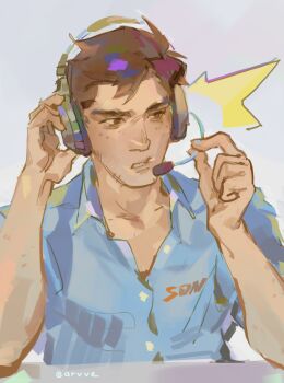 1boy arvve blue_shirt brown_eyes brown_hair collared_shirt commentary dispatch english_commentary headphones headset highres looking_to_the_side male_focus open_collar robert_robertson shirt short_hair short_sleeves simple_background solo upper_body white_background