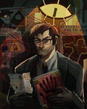 1boy bags_under_eyes bill_cipher black_coat black_necktie book brown_hair bulletin_board character_print cleft_chin coat collared_shirt commentary extra_digits eye_print ford_pines furrowed_brow gravity_falls highres holding holding_book holding_paper looking_at_viewer n0cturnalcm narrowed_eyes necktie paper shirt short_hair sideburns solo spotlight string symbol-only_commentary upper_body white_shirt