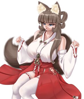 Rule 34 | 1girl, absurdres, animal ear fluff, animal ears, azur lane, bell, blue eyes, blunt bangs, brown hair, cat ears, cat girl, cat tail, clothing cutout, cosplay, daisen (azur lane), detached sleeves, dress, hair tied back, highres, hip vent, japanese clothes, kimono, long hair, looking down, miko, original, red dress, sleeveless, sleeveless kimono, solo, tail, takie, takie arts, thighhighs, thighs, very long hair, white thighhighs