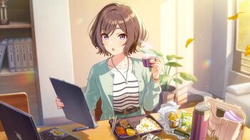 1girl animal bag belt blue_eyes brown_hair buttons cellphone chopsticks computer desk food gakuen_idolmaster game_cg handbag highres holding idolmaster jewelry laptop necklace neo_asari official_art open_mouth phone plant potted_plant smartphone steam striped_clothes