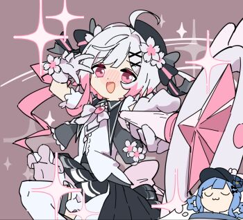 2girls 33puruspa :3 :d ahoge alternate_costume beret black_capelet black_skirt blush capelet dreaming dress flower frilled_dress frills gem gloves hair_ornament hat hat_flower highres holding holding_wand looking_at_viewer magical_girl mahou_shoujo_no_majo_saiban multicolored_hair multiple_girls nose_blush open_mouth pink_eyes pink_hair red_background sakuraba_ema shirt simple_background skirt sleeping smile solo_focus sparkle tachibana_sherry thighhighs w wand white_flower white_gloves white_hair white_shirt white_thighhighs x_hair_ornament
