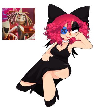 black_dress black_eyeliner breasts button_eye commentary curly_hair dress eyeliner high_heels highres jewelry looking_at_viewer makeup necklace ragatha_(the_amazing_digital_circus) sideboob strawuwus the_amazing_digital_circus