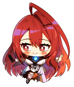 1girl :&gt; ahoge black_gloves blue_fire blush blush_stickers breasts bright_pupils chibi chibi_only closed_mouth commentary_request ddolbang elizabeth_rose_bloodflame elizabeth_rose_bloodflame_(1st_costume) eyelashes fire full_body gloves hair_between_eyes hair_ornament hairclip highres hololive hololive_english korean_commentary long_hair outstretched_arms red_eyes red_hair single_glove single_hair_intake smile solo spread_arms standing transparent_background virtual_youtuber white_pupils