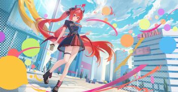 1girl absurdres blue_archive blunt_sidelocks boots breasts cityscape cloud cloudy_sky crosswalk demon_horns double-parted_bangs hair_ribbon highres horns junko_(blue_archive) lace-up_boots long_hair looking_at_viewer medium_breasts pointy_ears purple_eyes red_hair ribbon road sawayaka_shugi scenery sidelocks sky slit_pupils smile solo standing street v very_long_hair