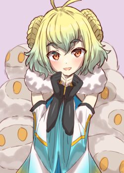 1boy antenna_hair aqua_dress black_gloves blonde_hair blush braid braided_bun detached_sleeves double_bun dress elbow_gloves fate/grand_order fate_(series) fingerless_gloves fur_collar gloves gradient_hair green_hair guriguri_(arayotto4351) hair_bun highres looking_at_viewer multicolored_hair open_mouth orange_eyes paris_(fate) paris_(second_ascension)_(fate) sheep short_hair smile trap wide_sleeves