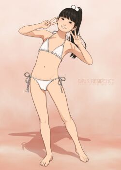 1girl absurdres asian bad_tag bare_shoulders barefoot bikini blunt_bangs blurry blurry_background brown_hair cameltoe contrapposto double_v flat_chest grin hair_bobbles hair_ornament halterneck hasegawa_kana highres loli looking_at_viewer mole mole_under_mouth original pink_background ponytail shinchou_ni_kansuru_kousatsu side-tie_bikini_bottom simple_background smile swimsuit v white_bikini