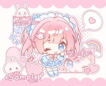 Rule 34 | 1girl, ;d, ball hands, blue bow, blue dress, blue eyes, blue shoes, blunt bangs, blush stickers, bow, bowtie, chibi, chibi only, chinese commentary, commentary request, dot nose, dress, frilled dress, frills, full body, hair bow, hair ornament, hand up, heart, highres, long hair, long sleeves, looking at viewer, maid headdress, one eye closed, open mouth, original, outline, pink bow, pink bowtie, pink hair, rabbit hair ornament, rainbow, sample watermark, shoes, simple background, smile, socks, solo, spoken heart, standing, twintails, watermark, white outline, white socks, yutian jinzhi runei