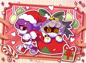 1boy 1girl @_@ bag chibi glitch_productions mecha murder_drones n_(murder_drones) no_humans purple_hair robot santa_costume uzi_(murder_drones) white_hair