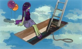 1girl balloon blue_sky cloud collared_shirt colored_skin commentary english_text hashtag-only_commentary ladder long_hair mari_(headspace)_(omori) mari_(omori) neckerchief nill_(nill) noose omori purple_hair purple_shoes purple_skirt purple_sweater_vest red_neckerchief rope shirt shoes short_sleeves sitting skirt sky solo spoilers sweater_vest very_long_hair white_shirt white_skin