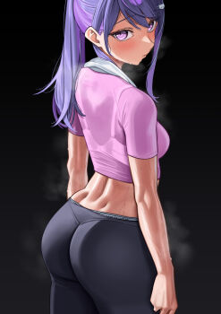 1girl absurdres arms_at_sides ass black_background black_pants blush bra_visible_through_clothes breasts cat_hair_ornament closed_mouth commentary cowboy_shot dimples_of_venus hair_ornament hairclip highres ksp_(vtuber) long_hair looking_at_viewer medium_breasts meridian_project midriff panties pants panty_peek purple_eyes purple_hair purple_shirt ryoyu_(ryoyustarlight) shirt short_sleeves simple_background solo standing steaming_body sweat swept_bangs towel towel_around_neck turning_head underwear very_sweaty virtual_youtuber yoga_pants