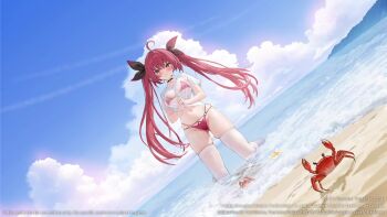 1girl ahoge animated azur_lane bikini blush breasts character_name copyright_name crab crossover curvy date_a_live hair_ribbon highres itsuka_kotori long_hair looking_at_viewer medium_breasts ocean official_art promotional_art red_eyes red_hair ribbon see-through_clothes see-through_shirt shirt skindentation sky smile swimsuit tagme thick_thighs thighhighs thighs twintails video water wet wet_clothes white_thighhighs wide_hips
