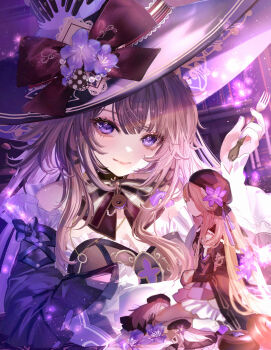 1girl bow breasts brown_hair commentary_request dress flower fork hat hat_flower herta_(honkai:_star_rail) herta_(puppet)_(honkai:_star_rail) highres holding holding_fork honkai:_star_rail honkai_(series) komorihikki long_hair long_sleeves looking_at_viewer multiple_girls purple_eyes purple_flower sensitive smile the_herta_(honkai:_star_rail) witch_hat