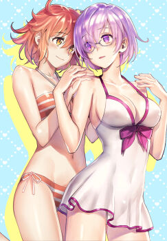 2girls artist_name bikini bow breasts cleavage cowboy_shot dress dress_bow dress_swimsuit eye_contact eyes_visible_through_hair fate/grand_order fate_(series) fujikawa_akira fujimaru_ritsuka_(female) fujimaru_ritsuka_(female)_(brilliant_summer) glasses groin hair_between_eyes halterneck hand_on_another&#039;s_head highres large_breasts looking_at_another mash_kyrielight mash_kyrielight_(swimsuit_of_perpetual_summer) multiple_girls navel official_alternate_costume orange_hair parted_lips purple_bow purple_eyes purple_hair shiny_clothes shiny_skin short_dress short_hair side_ponytail sideboob sleeveless sleeveless_dress smile standing striped_bikini striped_clothes swimsuit white_dress yellow_eyes yuri