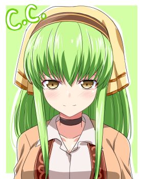 1girl c.c. character_name code_geass collarbone green_background highres long_hair looking_at_viewer rise_(rise19851203) shirt smile solo upper_body white_shirt yellow_eyes