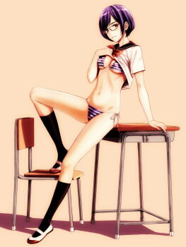 1girl bikini bikini_under_clothes breasts chair clothes_lift commentary_request desk full_body glasses highres lifting_own_clothes medium_breasts original purple_eyes purple_hair school_uniform serafuku shirt_lift shoes short_hair side-tie_bikini_bottom smile solo striped_bikini striped_clothes swimsuit takano_masayuki uwabaki