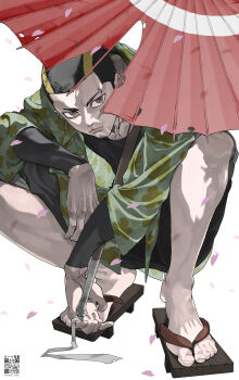 Rule 34 | 1boy, absurdres, buzz cut, commentary, dandadan, delinquent, ear piercing, earrings, eyebrow piercing, face piercing, facial hair, geta, highres, jewelry, looking at viewer, male focus, oil-paper umbrella, pakupaku keema, piercing, red umbrella, sandals, short hair, slav squatting, squatting, umbrella, very short hair, zuma unji