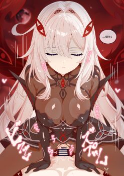 1boy 1girl abs absurdres bar_censor black_dress breasts censored closed_eyes closed_mouth commission cowgirl_position dress english_text genshin_impact highres kemonya777 large_breasts pantyhose penis pixiv_commission ronova_(genshin_impact) sex speech_bubble straddling torn_clothes torn_pantyhose vaginal white_hair