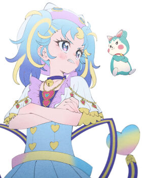 1girl :3 absurdres animal_hat annoyed bell blonde_hair blue_choker blue_dress blue_hair capelet cat_hat chimumu chimumu_(hamster) choker commentary_request crossed_arms dress floating hamster hat highres homefuji jingle_bell long_hair looking_at_another multicolored_hair myamu pretty_series purple_eyes red_choker simple_background streaked_hair sunglasses teeth twintails upper_body v-shaped_eyebrows waccha_primagi! white_background white_capelet