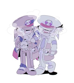 Rule 34 | 2boys, brothers, coat, collared coat, commentary request, emmet (pokemon), frown, full body, grey coat, grey eyes, grey hair, grey hat, grey pants, hat, highres, ingo (pokemon), kari (user grrs8577), looking at another, male focus, mittens, multiple boys, necktie, nintendo, open mouth, pants, pokemon, pokemon bw, scarf, shirt, siblings, simple background, standing, twins, white background, white coat, white hat, white pants, white shirt