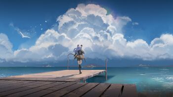 Rule 34 | 1girl, arknights, bang dream!, bang dream! it's mygo!!!!!, bird, black jacket, black shorts, black socks, blue hair, boat, brown shoes, cloud, day, game cg, highres, horns, jacket, long hair, long sleeves, official art, outdoors, over-kneehighs, pier, shoes, shorts, socks, solo, standing, tail, thighhighs, third-party source, togawa sakiko, togawa sakiko (master of melodia), two side up, water, watercraft