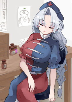 1girl blue_dress blue_hat braid breasts chemicals closed_eyes commentary_request cross cross_print deetamu dress grey_hair hat highres large_breasts long_hair multicolored_dress nurse_cap on_stool open_mouth print_hat puffy_short_sleeves puffy_sleeves red_cross red_dress short_sleeves single_braid sitting skull_and_crossbones sleeping solo stool touhou two-tone_dress very_long_hair yagokoro yagokoro_eirin