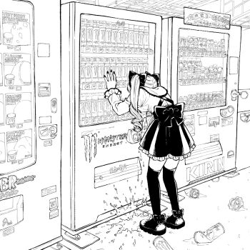 1girl against_object back_bow baskin-robbins bow crushed_can energy_drink facing_away from_behind full_body greyscale hair_bow hand_up jirai_kei long_hair long_sleeves monochrome monster_energy multiple_hair_bows oe_(oeoe0808) original outdoors platform_shoes ringlets skirt solo standing suspender_skirt suspenders thighhighs twintails vending_machine vomit vomiting