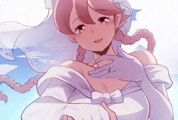 1girl :d absurdres apocalypse_hotel bare_shoulders breasts brown_eyes brown_hair cleavage dress elbow_gloves glint gloves highres holding_hands jewelry looking_at_viewer open_mouth outdoors ring riri_(dgra3272) smile solo_focus twintails white_dress white_gloves yachiyo_(apocalypse_hotel)