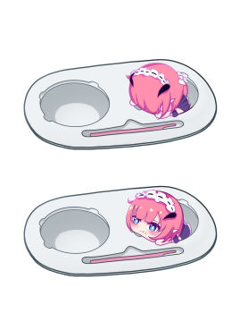 1girl absurdres black_dress blue_eyes chibi chibi_only commentary dress elf elysia_(honkai_impact) elysia_(miss_pink)_(honkai_impact) elysia_(miss_pink_elf)_(honkai_impact) evaixx fake_horns food food_on_face highres honkai_(series) honkai_impact_3rd horns maid_headdress multiple_views official_alternate_costume pink_hair pointy_ears sequential simple_background white_background yukimi_daifuku_(uzru0428)