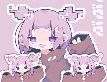 1girl :&lt; absurdres bad_id bad_twitter_id brown_jacket closed_mouth commentary_request deformed dot_nose hair_ornament hands_up highres horns jacket long_sleeves looking_at_viewer motion_lines nikamoka original outline pixelated purple_background purple_eyes purple_hair short_hair sleeves_past_fingers sleeves_past_wrists tongue tongue_out translation_request upper_body v white_outline zipper