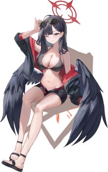 1girl ;) absurdres adjusting_eyewear bikini black_bikini black_eyes black_hair black_shorts black_wings blue_archive breasts chair commentary_request halo highres ichika_(blue_archive) ichika_(swimsuit)_(blue_archive) korean_commentary large_breasts long_hair navel official_alternate_costume on_chair one_eye_closed partially_unbuttoned red_halo sandals short_shorts shorts sitting smile solo stomach sunglasses swimsuit thighs very_long_hair wakum wings