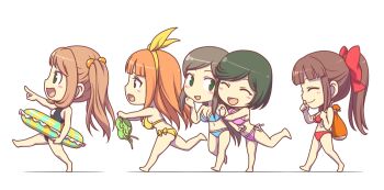 5girls :d ^_^ ass bag barefoot beads bikini black_hair black_one-piece_swimsuit blue_bikini blunt_bangs blush bow breasts brown_eyes brown_hair chibi chibi_only cleavage closed_eyes frilled_bikini frilled_innertube frills giggling grabbing_another's_arm green_eyes groin hair_beads hair_bow hair_ornament holding holding_bag innertube josui_(senran_kagura) kagari_(senran_kagura) large_breasts looking_ahead looking_at_another mai_(senran_kagura) multiple_girls navel official_art one-piece_swimsuit open_mouth orange_hair pink_bikini pointing ponytail red_bikini red_bow running senran_kagura senran_kagura_new_wave short_hair shoulder_bag side-tie_bikini_bottom sideboob simple_background smile standing standing_on_one_leg strapless strapless_bikini striped_innertube swept_bangs swim_ring swimsuit tsubaki_(senran_kagura) twintails walking white_background yellow_bikini yellow_bow yugiri_(senran_kagura)