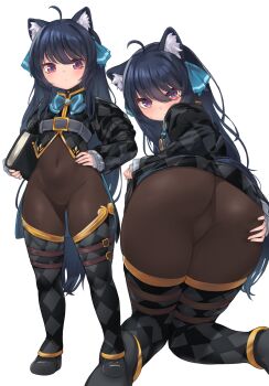 1girl ahoge animal_ear_fluff animal_ears argyle_clothes argyle_shirt argyle_thighhighs ass black_hair black_shrug bodystocking bodysuit borrowed_character breasts brown_bodysuit checkered_thighhighs chest_belt covered_navel detached_pants gradient_eyes hair_ribbon hands_on_own_hips highres impossible_bodysuit impossible_clothes long_hair long_sleeves looking_at_viewer multicolored_eyes original presenting presenting_ass red_eyes ribbon see-through_bodystocking shrug_(clothing) simple_background small_breasts standing svartlilja_(vrchat) tail vrchat wolf_ears wolf_girl wolf_tail yoi_naosuke