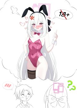 Rule 34 | 1boy, 1girl, ?, ??, absurdres, anger vein, animal ear hairband, animal ears, black thighhighs, blood, blue archive, blush, bow, bowtie, breasts, bright pupils, cawl, commentary, covered navel, detached collar, english commentary, fake animal ears, fake tail, hair between eyes, hairband, halo, heart, highleg, highleg leotard, highres, imagining, kei (blue archive), kei (new body) (blue archive), leotard, long hair, long hair between eyes, nose blush, nosebleed, pink bow, pink bowtie, pink halo, pink leotard, playboy bunny, rabbit ear hairband, rabbit ears, rabbit tail, rectangular halo, ringed eyes, sensei (blue archive), single thighhigh, small breasts, speech bubble, strapless, strapless leotard, tail, thighhighs, thought bubble, very long hair, white hair, white wrist cuffs, wrist cuffs