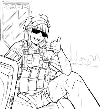 Rule 34 | 1girl, absurdres, azov battalion, fangs, hat, highres, jacket, limestone (artist), load bearing vest, magazine (weapon), marichka, military combat uniform, military uniform, monochrome, open mouth, original, pants, russo-ukrainian war, short hair, signature, sitting, smile, solo, sunglasses, tongue, wolfsangel