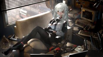 1girl absurdres black_gloves black_pantyhose black_thighhighs gloves gun hair_ornament hairclip highres necktie original pantyhose pencil_skirt red_eyes shangguan_le_hei sitting skirt thighhighs weapon white_hair