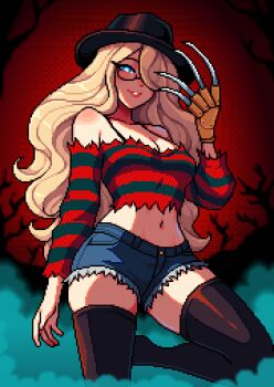 1girl a_nightmare_on_elm_street absurdres aseprite_(medium) bare_shoulders black_thighhighs blonde_hair blue_eyes breasts bright_pupils cleavage commentary cosplay english_commentary freddy_krueger freddy_krueger_(cosplay) glasses hat highres kana_fujisawa long_hair looking_at_viewer midriff navel parted_lips pixel_art solo thighhighs white_pupils yumykon yumyverse