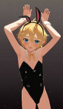 Rule 34 | 1boy, absurdres, ahoge, alternate costume, animal ear hairband, animal ears, aotu world, armpits, arms up, bare arms, bare shoulders, black leotard, blonde hair, blue eyes, blush, bow, bowtie, bulge, chinese commentary, commentary request, cowboy shot, crossdressing, crossdressing (mtf), detached collar, earrings, embarrassed, fake animal ears, fang, gradient background, hair between eyes, hairband, highres, jewelry, king (aotu world), leotard, light particles, looking at viewer, male focus, male playboy bunny, open mouth, playboy bunny, pointy ears, rabbit ear hairband, rabbit ears, rabbit pose, short hair, single earring, solo, strapless, strapless leotard, sweatdrop, trap, velvet11, wrist cuffs, yellow bow, yellow bowtie