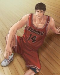 Rule 34 | 1boy, azzurro 000, basketball jersey, basketball uniform, black eyes, black hair, foot out of frame, highres, indoors, knee pads, looking at viewer, male focus, mitsui hisashi, on floor, pectoral cleavage, pectorals, red shorts, red tank top, scar, scar on chin, scar on face, short hair, shorts, single knee pad, sitting, slam dunk (series), smile, solo, sportswear, sweat, tank top, toned, toned male