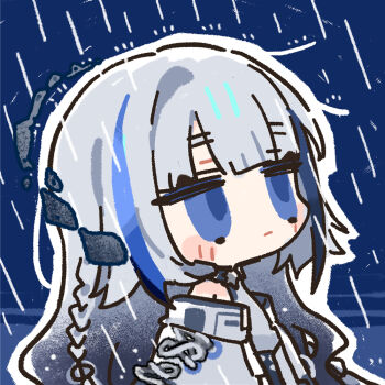 Rule 34 | 1girl, blue eyes, blue hair, chibi, chibi only, chinese commentary, cui pi zha xia qiu, darkstar hubble (neural cloud), girls' frontline, girls' frontline neural cloud, grey hair, grey shirt, hubble (neural cloud), long hair, official art, outline, rain, second-party source, shirt, solo, white outline
