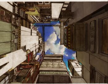 1boy building cityscape commentary_request day denkou_denko-chan from_below original outdoors perspective scenery solo standing