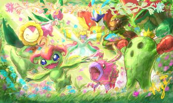 Rule 34 | ajatarmon, armor, bird, bloomlordmon, boxing gloves, cactus, chocomon, cocomon, digimon, digimon card game, dress, flower, gloves, grandgalemon, green wings, group picture, highres, knight, lilimon, nigreenwalker, palmon, pink dress, pomumon, quantumon, red gloves, sunflower, sunflowmon, togemon, trait connection, white armor, wings