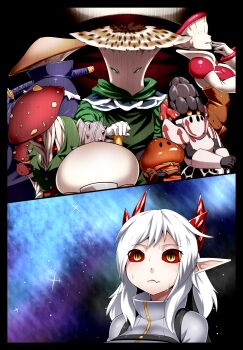 3girls 5boys armor bracer breasts cape cleavage clenched_hand colored_sclera commentary_request dark_sword_tsukiyo goremaul_(pixiv_fantasia_last_saga) green_cape green_eyes highres horns katana lancelot_azplatas lord_namein multiple_boys multiple_girls mushroom_boy mushroom_girl pixiv_fantasia pixiv_fantasia_last_saga pointy_ears red_horns red_poison_venigarda red_sclera shoulder_armor sword vale_lansbury weapon white_hair yellow_eyes yu_ki_sousaku_kikaku