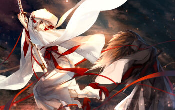 1girl blunt_bangs closed_mouth cloud commentary_request grey_hair hakama hakama_skirt holding holding_sword holding_weapon hood japanese_clothes katana long_sleeves looking_at_viewer pixiv_fantasia pixiv_fantasia_t red_ribbon red_sandals revision ribbon samunosuke_(ryuuzaki_ichi) sandals sash skade skirt sky socks solo star_(sky) starry_sky sword weapon white_socks wide_sleeves yellow_eyes yukimaru_(skade)