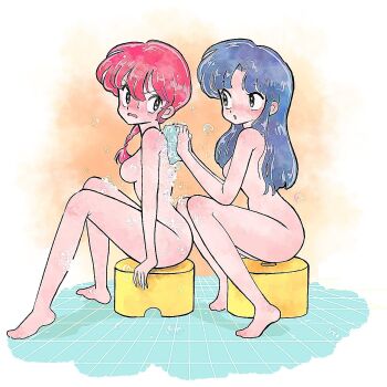 2girls 4ptxq bath bath_stool bathroom blue_hair blush braid braided_ponytail highres multiple_girls nude ranma-chan ranma_1/2 red_hair simple_background sitting soap_bubbles stool tendou_akane washing_another yuri