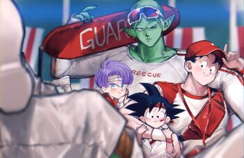 Rule 34 | 4boys, baseball cap, black hair, closed mouth, colored skin, day, dragon ball, dragonball z, eyewear on head, green skin, hat, headband, highres, lifeguard, male focus, multiple boys, namekian, one eye closed, outdoors, p m ame, piccolo, pointy ears, purple hair, red headband, shirt, short hair, smile, son gohan, son goten, spiked hair, sunglasses, trunks (dragon ball), white shirt, wristband