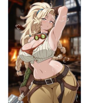 1girl arm_behind_head arm_up armpits belt belt_buckle blonde_hair blue_eyes blurry blurry_background blush braid breasts brown_gloves brown_pants buckle cleavage commentary cowboy_shot cropped_shirt gemma_(monster_hunter_wilds) glint gloves goggles goggles_around_neck high_ponytail highres holding holding_weapon indoors large_breasts long_hair looking_at_viewer midriff monster_hunter_(series) monster_hunter_wilds multiple_braids navel pants parted_lips ponytail puff_of_air ribbed_shirt shirt signature sleeveless sleeveless_shirt solo sweat tight_clothes tight_shirt vizaz weapon