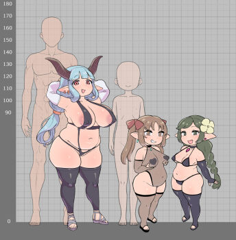 2boys 3girls areola_slip armpits arms_behind_head belly black_legwear blunt_bangs blush bodystocking breast_hold breasts brown_eyes character_request closed_mouth collarbone commentary_request completely_nude convenient_censoring copyright_request covered_erect_nipples detached_sleeves dot_nose earrings elbow_gloves faceless faceless_male fingerless_gloves flower full_body gloves green_eyes green_hair grey_background grid_background hair_flower hair_ornament heart height_chart horns huge_breasts jewelry long_hair looking_at_viewer medium_breasts midget muffin_top multiple_boys multiple_girls navel nude open_mouth pasties plump pointy_ears puffy_nipples shortstack sidelocks thick_thighs thighhighs thighs yoshino_norihito