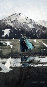 Rule 34 | 1boy, aqua cape, arknights, bird, blue cape, cape, commentary, cow horns, dove, ek276, full body, hashtag-only commentary, highres, horn ornament, horns, looking at viewer, male focus, mask, mountain, outdoors, reeds, rice paddy, sky, solo, torn cape, torn clothes, two-sided cape, two-sided fabric, varkaris (arknights), watermark, white sky